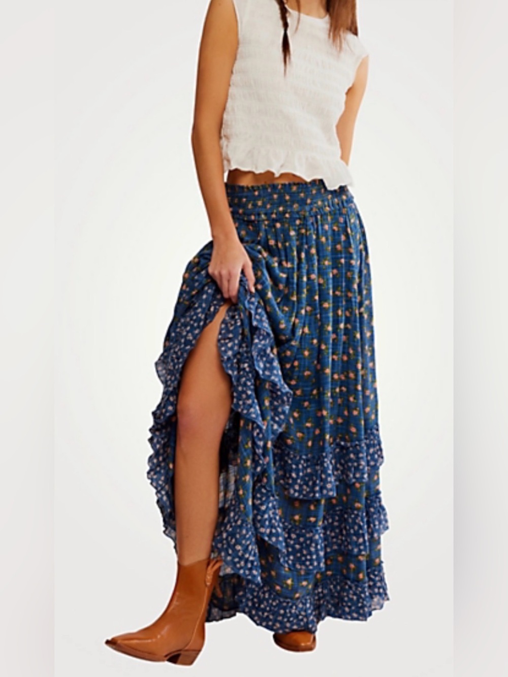 Free People FP ONE Brynn Printed Maxi Skirt Smocked Tiered Ruffle . Size small